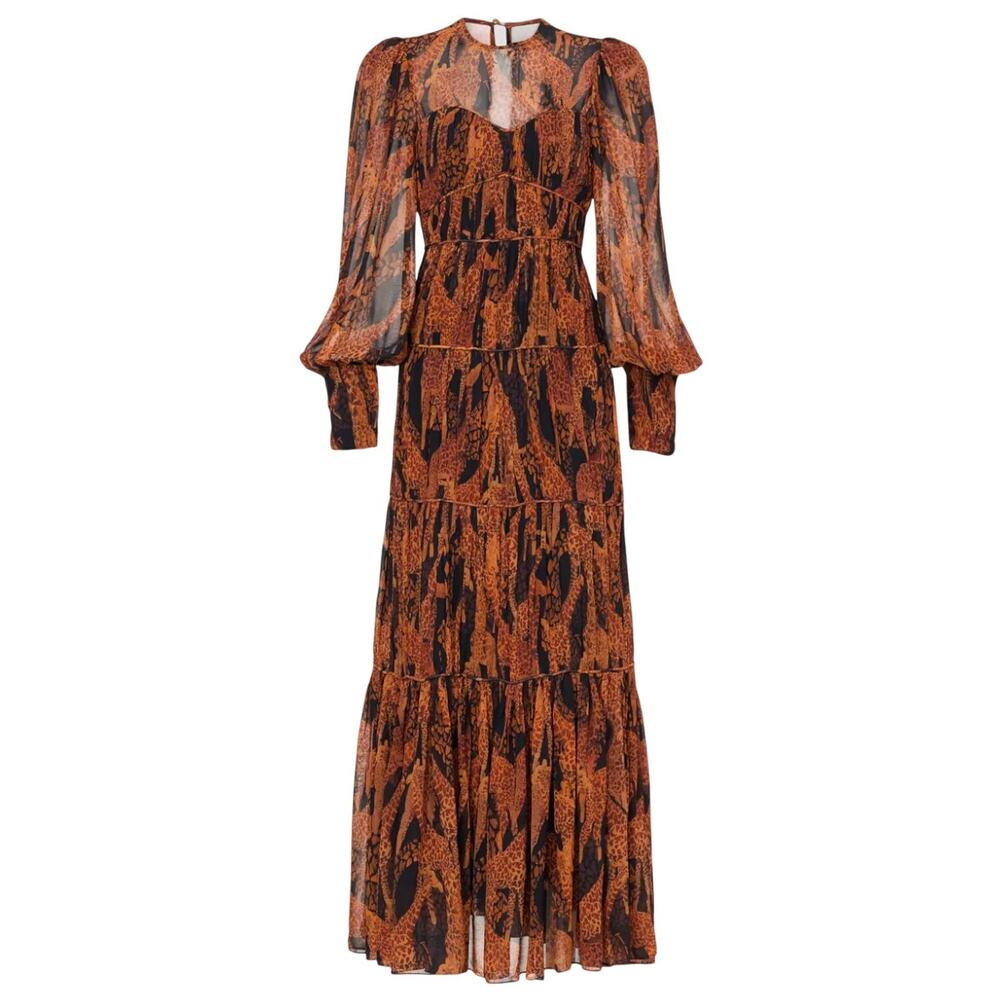 Farm Rio Giraffes Puff Sleeve Maxi Dress In Brown Multi, Size Xs